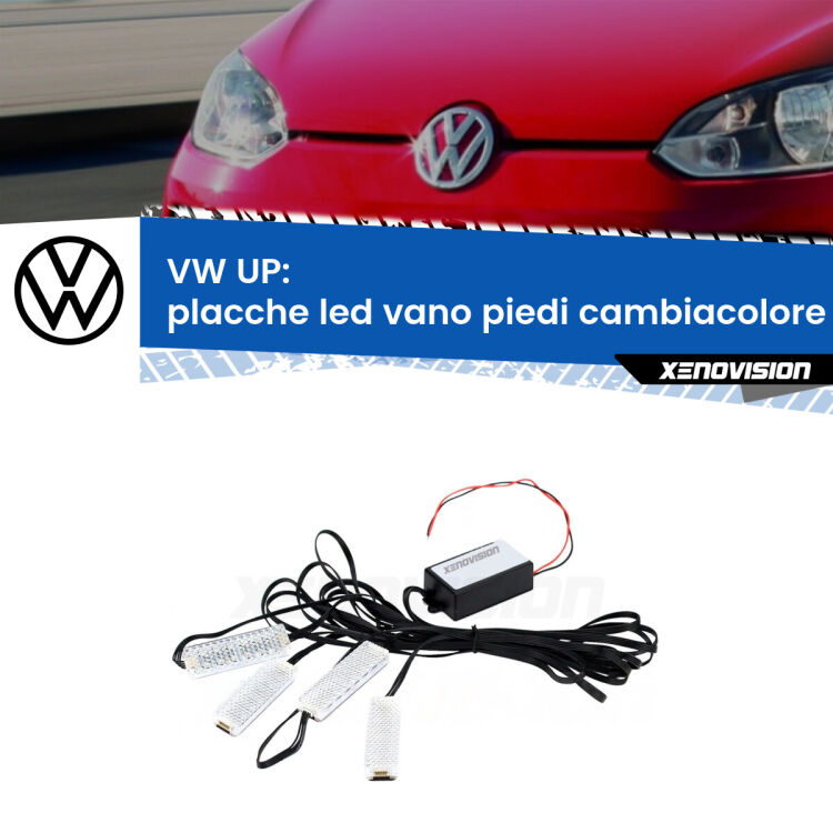 <strong>Kit placche LED cambiacolore vano piedi VW UP</strong>  2011 - 2024. 4 placche <strong>Bluetooth</strong> con app Android /iOS.