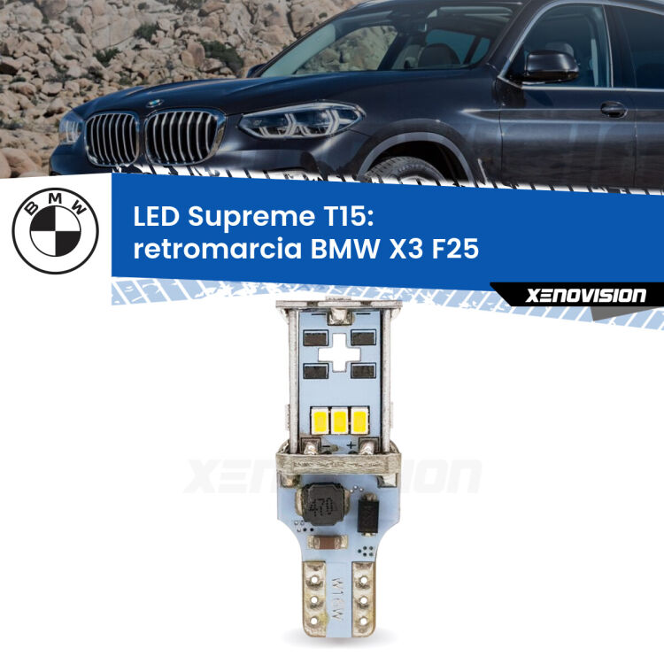 <strong>LED retromarcia per BMW X3</strong> F25 2010 - 2016. 15 Chip CREE 3535, sviluppa un'incredibile potenza. Qualità Massima. Oltre 6W reali di pura potenza.