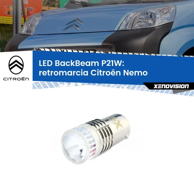 <strong>Retromarcia LED per Citroën Nemo</strong>  2008 in poi. Lampada <strong>P21W</strong> canbus. Illumina a giorno con questo straordinario cannone LED a luminosità estrema.