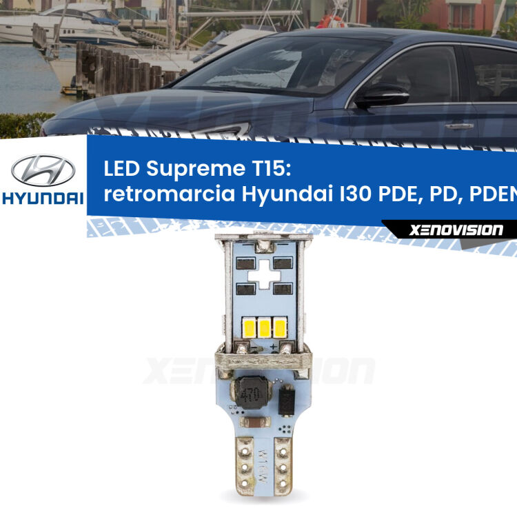 <strong>LED retromarcia per Hyundai I30</strong> PDE, PD, PDEN 2016 in poi. 15 Chip CREE 3535, sviluppa un'incredibile potenza. Qualità Massima. Oltre 6W reali di pura potenza.