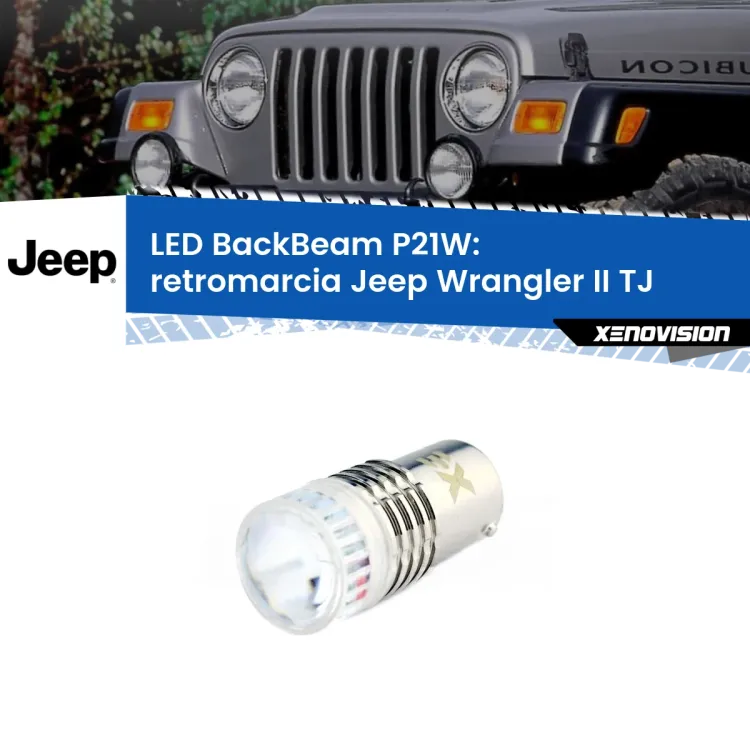 <strong>Retromarcia LED per Jeep Wrangler II</strong> TJ 1996 - 2005. Lampada <strong>P21W</strong> canbus. Illumina a giorno con questo straordinario cannone LED a luminosità estrema.