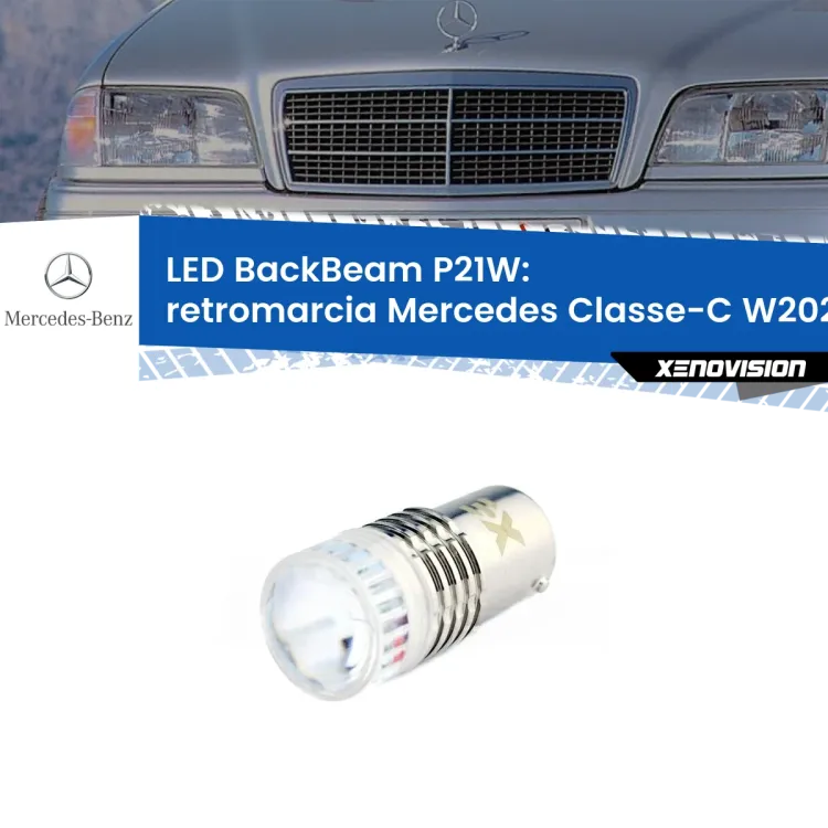 <strong>Retromarcia LED per Mercedes Classe-C</strong> W202 1993 - 2000. Lampada <strong>P21W</strong> canbus. Illumina a giorno con questo straordinario cannone LED a luminosità estrema.