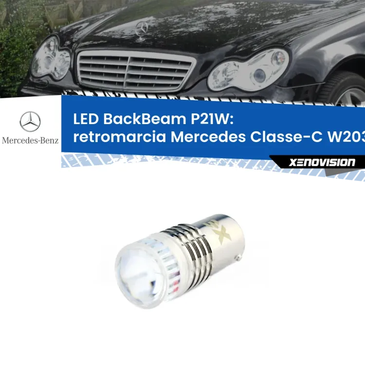 <strong>Retromarcia LED per Mercedes Classe-C</strong> W203 2000 - 2007. Lampada <strong>P21W</strong> canbus. Illumina a giorno con questo straordinario cannone LED a luminosità estrema.