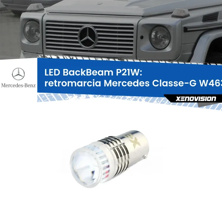 <strong>Retromarcia LED per Mercedes Classe-G</strong> W463 1991 - 2004. Lampada <strong>P21W</strong> canbus. Illumina a giorno con questo straordinario cannone LED a luminosità estrema.