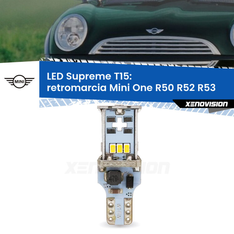 <strong>LED retromarcia per Mini One</strong> R50 R52 R53 2004 - 2006. 15 Chip CREE 3535, sviluppa un'incredibile potenza. Qualità Massima. Oltre 6W reali di pura potenza.