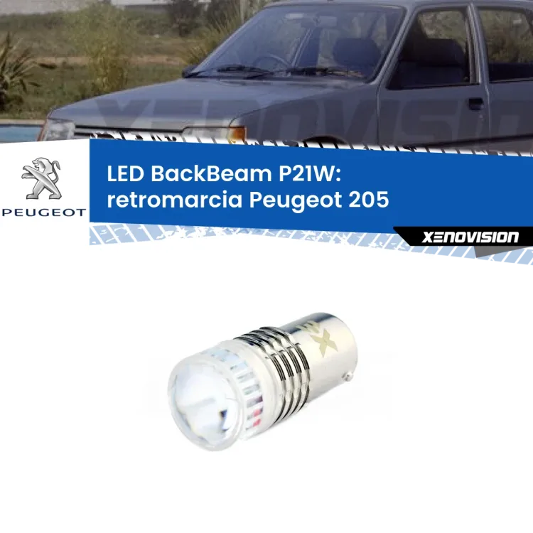 <strong>Retromarcia LED per Peugeot 205</strong>  1983 - 1999. Lampada <strong>P21W</strong> canbus. Illumina a giorno con questo straordinario cannone LED a luminosità estrema.