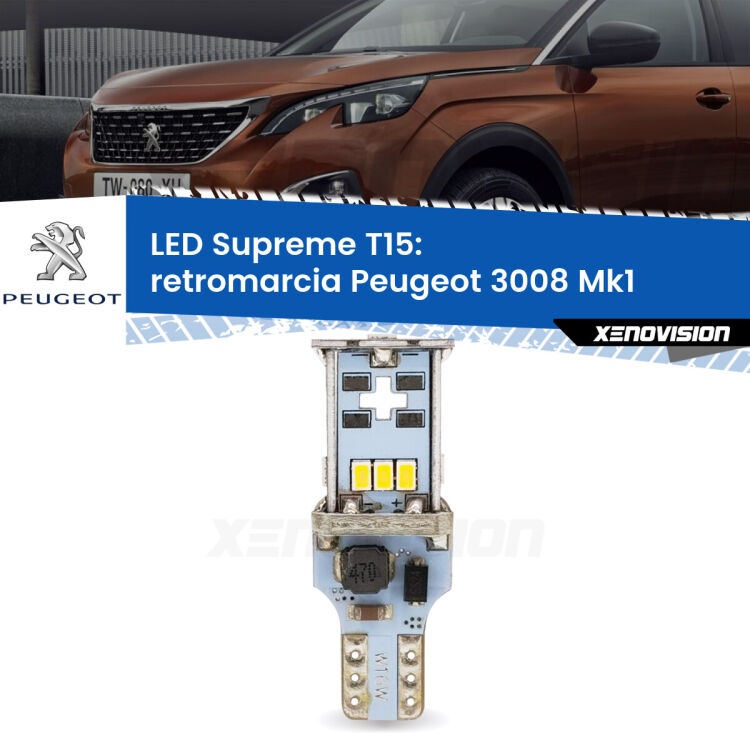 <strong>LED retromarcia per Peugeot 3008</strong> Mk1 restyling. 15 Chip CREE 3535, sviluppa un'incredibile potenza. Qualità Massima. Oltre 6W reali di pura potenza.