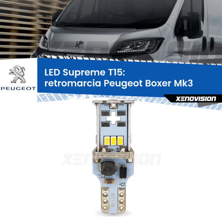 <strong>LED retromarcia per Peugeot Boxer</strong> Mk3 2014 in poi. 15 Chip CREE 3535, sviluppa un'incredibile potenza. Qualità Massima. Oltre 6W reali di pura potenza.