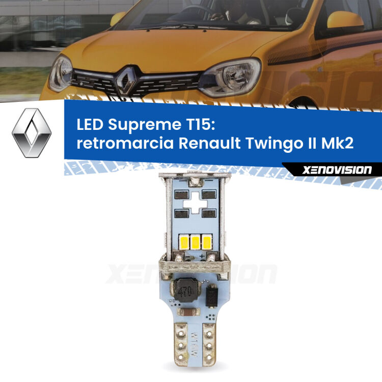 <strong>LED retromarcia per Renault Twingo II</strong> Mk2 2012 - 2013. 15 Chip CREE 3535, sviluppa un'incredibile potenza. Qualità Massima. Oltre 6W reali di pura potenza.