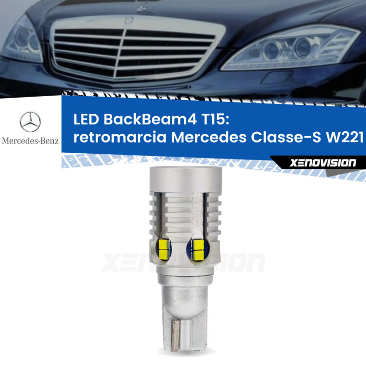 <strong>Retromarcia LED per Mercedes Classe-S</strong> W221 2005 - 2013. Lampada <strong>T15</strong> canbus modello BackBeam4.