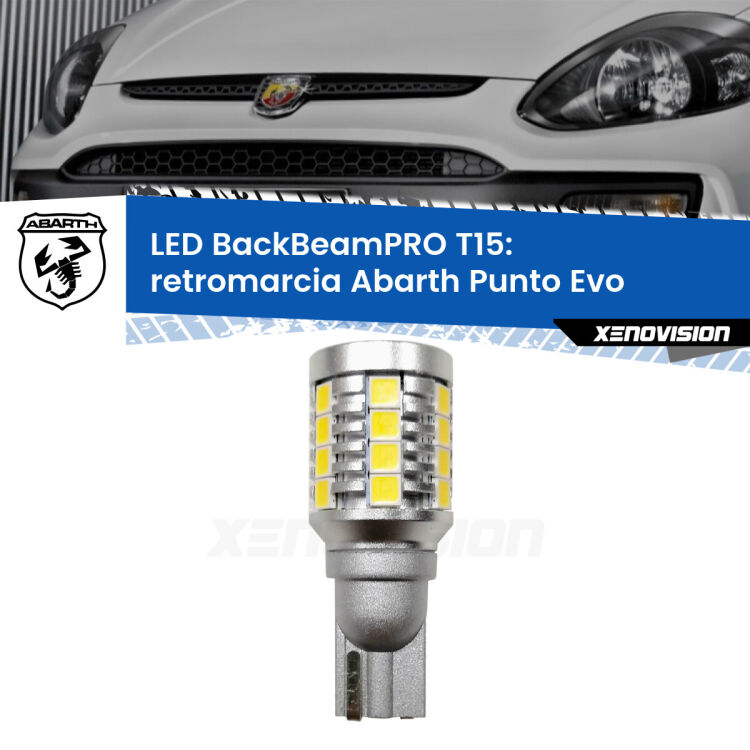 <strong>Luce retromarcia LED per Abarth Punto Evo</strong>  2010 - 2014. Una lampadina <b>T15</b> esageratamente spinta: 15W di potenza, 20 volte più luce delle originali.