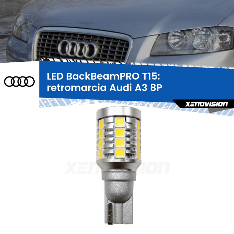 <strong>Luce retromarcia LED per Audi A3</strong> 8P Cabrio. Una lampadina <b>T15</b> esageratamente spinta: 15W di potenza, 20 volte più luce delle originali.