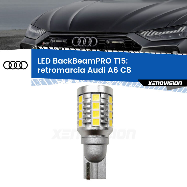 <strong>Luce retromarcia LED per Audi A6</strong> C8 2018 in poi. Una lampadina <b>T15</b> esageratamente spinta: 15W di potenza, 20 volte più luce delle originali.