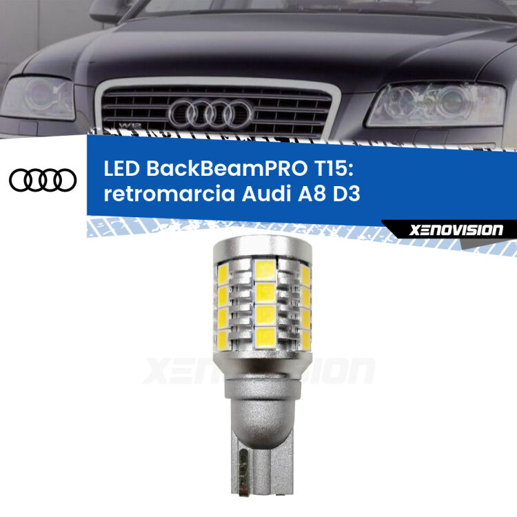 <strong>Luce retromarcia LED per Audi A8</strong> D3 2002 - 2009. Una lampadina <b>T15</b> esageratamente spinta: 15W di potenza, 20 volte più luce delle originali.