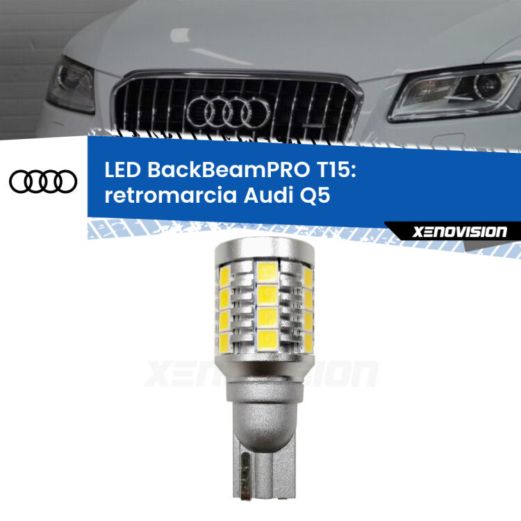 <strong>Luce retromarcia LED per Audi Q5</strong>  2008 - 2017. Una lampadina <b>T15</b> esageratamente spinta: 15W di potenza, 20 volte più luce delle originali.