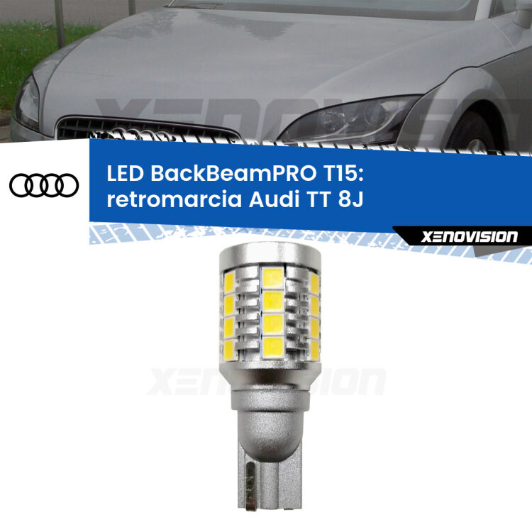 <strong>Luce retromarcia LED per Audi TT</strong> 8J 2006 - 2014. Una lampadina <b>T15</b> esageratamente spinta: 15W di potenza, 20 volte più luce delle originali.