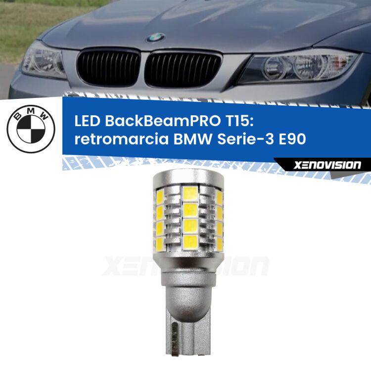 <strong>Luce retromarcia LED per BMW Serie-3</strong> E90 in poi. Una lampadina <b>T15</b> esageratamente spinta: 15W di potenza, 20 volte più luce delle originali.