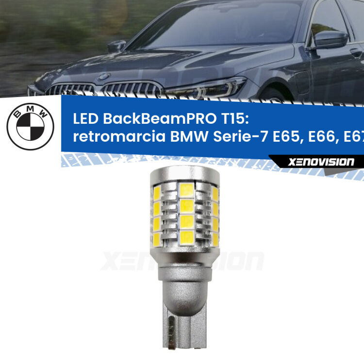 <strong>Luce retromarcia LED per BMW Serie-7</strong> E65, E66, E67 2001 - 2008. Una lampadina <b>T15</b> esageratamente spinta: 15W di potenza, 20 volte più luce delle originali.