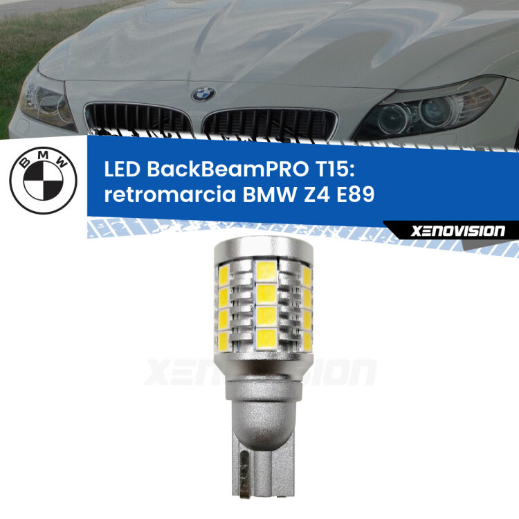 <strong>Luce retromarcia LED per BMW Z4</strong> E89 2009 - 2016. Una lampadina <b>T15</b> esageratamente spinta: 15W di potenza, 20 volte più luce delle originali.