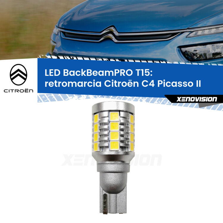 <strong>Luce retromarcia LED per Citroën C4 Picasso</strong> II 2013 in poi. Lampadina <b>T15</b> esageratamente spinta: 15W di potenza, 20 volte più luce delle originali.