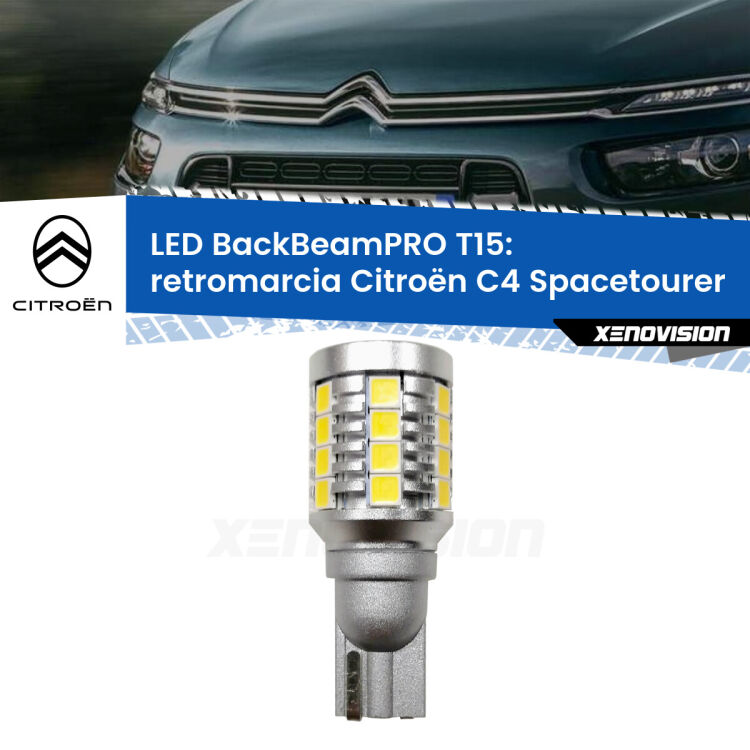 <strong>Luce retromarcia LED per Citroën C4 Spacetourer</strong>  2018 in poi. Lampadina <b>T15</b> esageratamente spinta: 15W di potenza, 20 volte più luce delle originali.