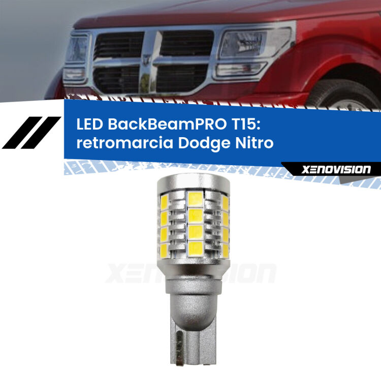 <strong>Luce retromarcia LED per Dodge Nitro</strong>  2006 - 2012. Una lampadina <b>T15</b> esageratamente spinta: 15W di potenza, 20 volte più luce delle originali.