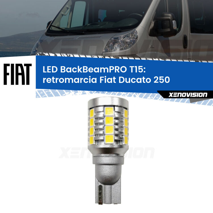 <strong>Luce retromarcia LED per Fiat Ducato</strong> 250 2014 - 2018. Una lampadina <b>T15</b> esageratamente spinta: 15W di potenza, 20 volte più luce delle originali.