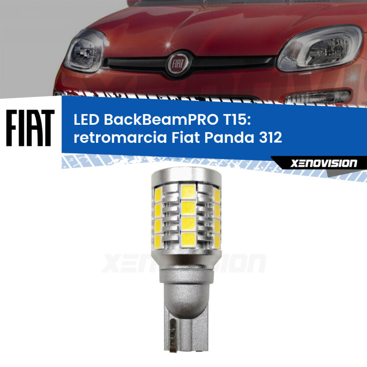 <strong>Luce retromarcia LED per Fiat Panda</strong> 312 2012 in poi. Una lampadina <b>T15</b> esageratamente spinta: 15W di potenza, 20 volte più luce delle originali.