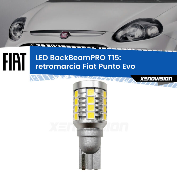 <strong>Luce retromarcia LED per Fiat Punto Evo</strong>  2009 - 2015. Una lampadina <b>T15</b> esageratamente spinta: 15W di potenza, 20 volte più luce delle originali.