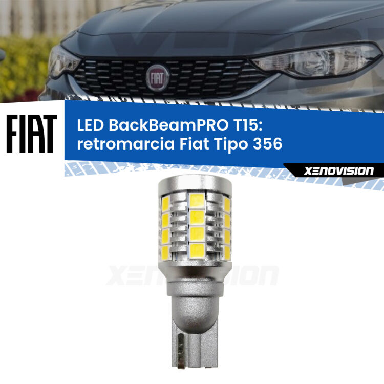 <strong>Luce retromarcia LED per Fiat Tipo</strong> 356 2015 in poi. Una lampadina <b>T15</b> esageratamente spinta: 15W di potenza, 20 volte più luce delle originali.