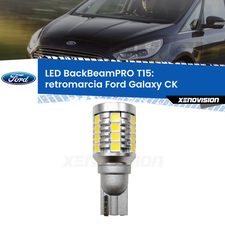 <strong>Luce retromarcia LED per Ford Galaxy</strong> CK 2015 - 2018. Una lampadina <b>T15</b> esageratamente spinta: 15W di potenza, 20 volte più luce delle originali.