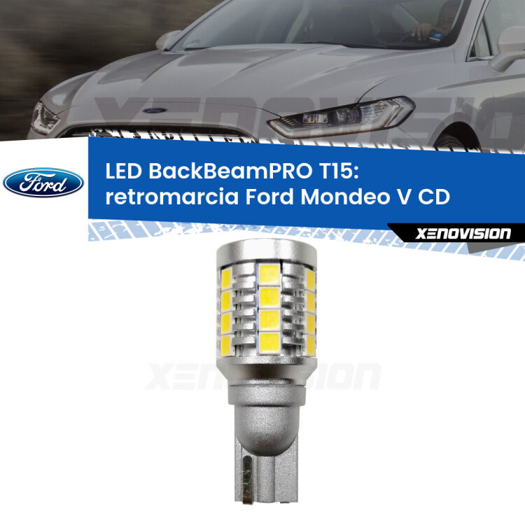 <strong>Luce retromarcia LED per Ford Mondeo V</strong> CD 2012 - 2016. Una lampadina <b>T15</b> esageratamente spinta: 15W di potenza, 20 volte più luce delle originali.