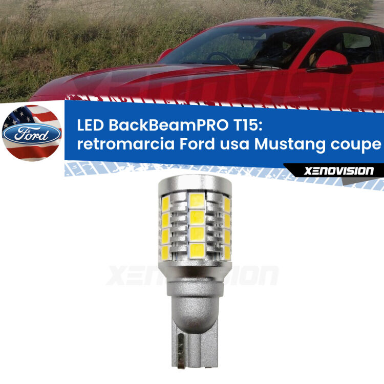 <strong>Luce retromarcia LED per Ford usa Mustang coupe</strong>  2014 in poi. Una lampadina <b>T15</b> esageratamente spinta: 15W di potenza, 20 volte più luce delle originali.