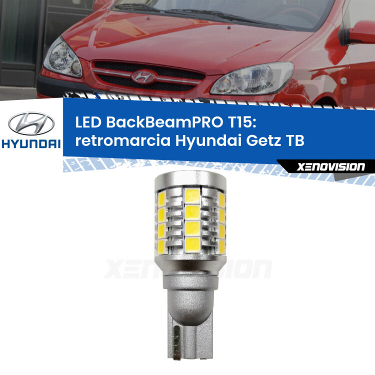 <strong>Luce retromarcia LED per Hyundai Getz</strong> TB 2002 - 2009. Una lampadina <b>T15</b> esageratamente spinta: 15W di potenza, 20 volte più luce delle originali.