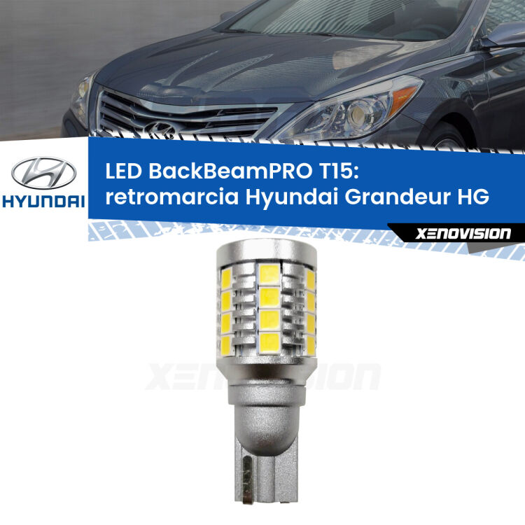 <strong>Luce retromarcia LED per Hyundai Grandeur</strong> HG 2011 - 2016. Lampadina <b>T15</b> esageratamente spinta: 15W di potenza, 20 volte più luce delle originali.