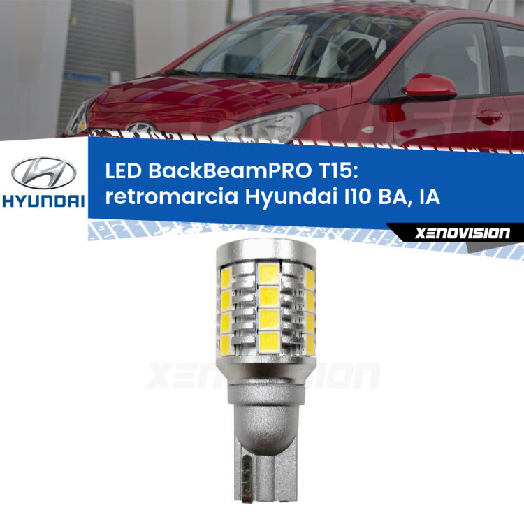 <strong>Luce retromarcia LED per Hyundai I10</strong> BA, IA 2013 - 2016. Una lampadina <b>T15</b> esageratamente spinta: 15W di potenza, 20 volte più luce delle originali.