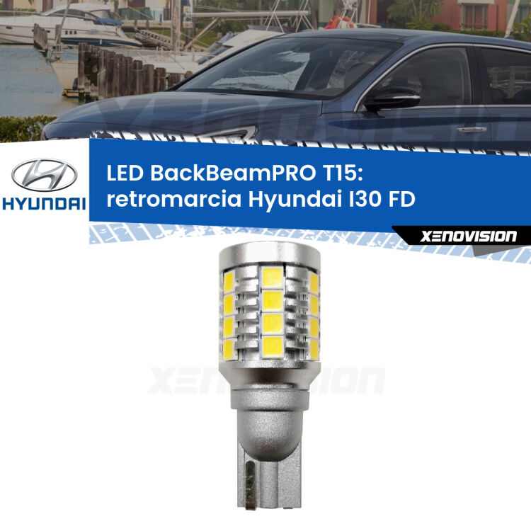 <strong>Luce retromarcia LED per Hyundai I30</strong> FD 2007 - 2011. Una lampadina <b>T15</b> esageratamente spinta: 15W di potenza, 20 volte più luce delle originali.