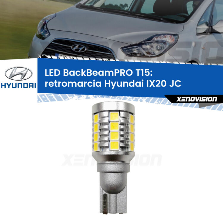 <strong>Luce retromarcia LED per Hyundai IX20</strong> JC 2010 in poi. Una lampadina <b>T15</b> esageratamente spinta: 15W di potenza, 20 volte più luce delle originali.