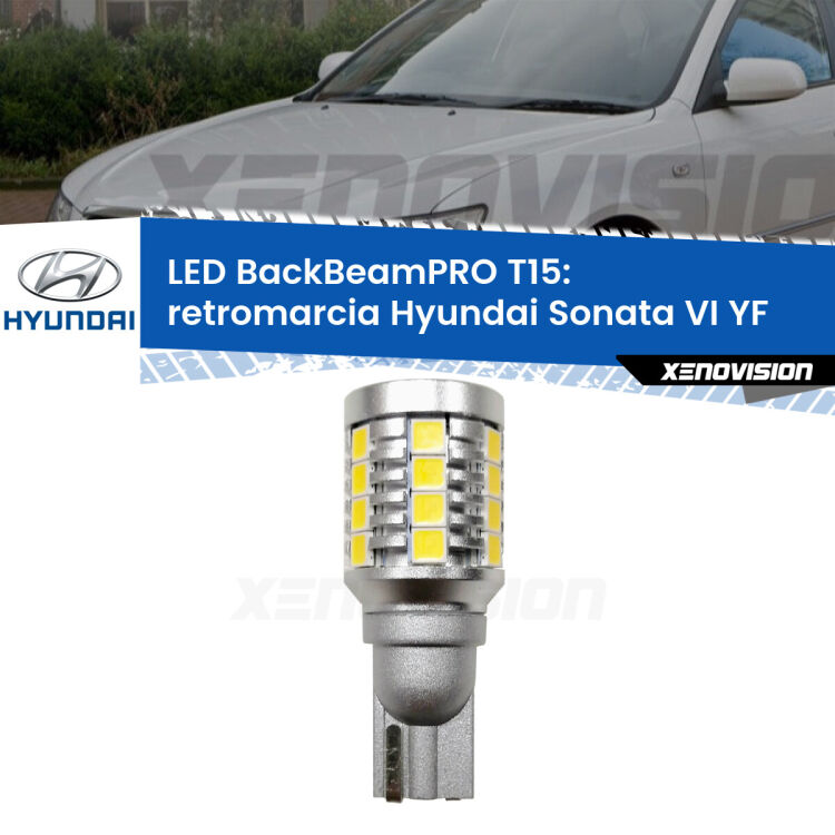 <strong>Luce retromarcia LED per Hyundai Sonata VI</strong> YF 2009 - 2015. Una lampadina <b>T15</b> esageratamente spinta: 15W di potenza, 20 volte più luce delle originali.