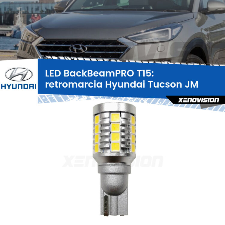 <strong>Luce retromarcia LED per Hyundai Tucson</strong> JM 2004 - 2015. Una lampadina <b>T15</b> esageratamente spinta: 15W di potenza, 20 volte più luce delle originali.