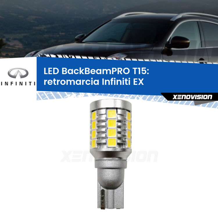 <strong>Luce retromarcia LED per Infiniti EX</strong>  2008 in poi. Una lampadina <b>T15</b> esageratamente spinta: 15W di potenza, 20 volte più luce delle originali.