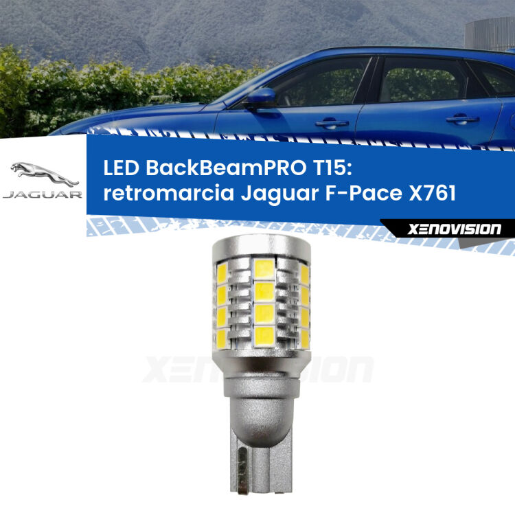 <strong>Luce retromarcia LED per Jaguar F-Pace</strong> X761 2015 in poi. Una lampadina <b>T15</b> esageratamente spinta: 15W di potenza, 20 volte più luce delle originali.