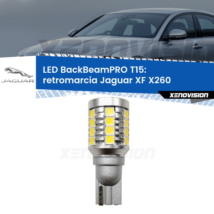 <strong>Luce retromarcia LED per Jaguar XF</strong> X260 2015 in poi. Una lampadina <b>T15</b> esageratamente spinta: 15W di potenza, 20 volte più luce delle originali.