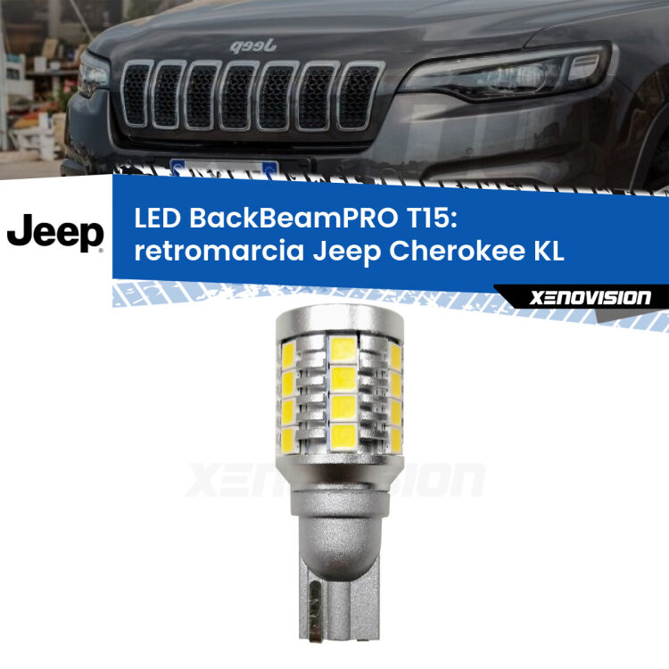 <strong>Luce retromarcia LED per Jeep Cherokee</strong> KL 2014 in poi. Una lampadina <b>T15</b> esageratamente spinta: 15W di potenza, 20 volte più luce delle originali.