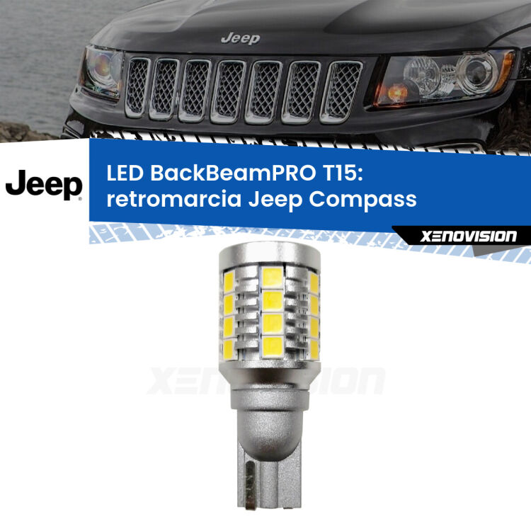 <strong>Luce retromarcia LED per Jeep Compass</strong>  2006 - 2010. Lampadina <b>T15</b> esageratamente spinta: 15W di potenza, 20 volte più luce delle originali.