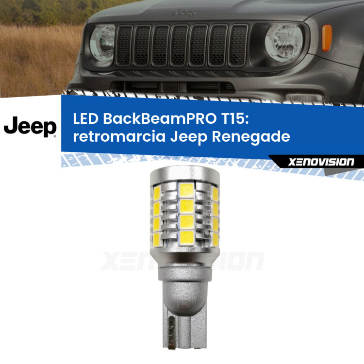 <strong>Luce retromarcia LED per Jeep Renegade</strong>  2014 in poi. Una lampadina <b>T15</b> esageratamente spinta: 15W di potenza, 20 volte più luce delle originali.