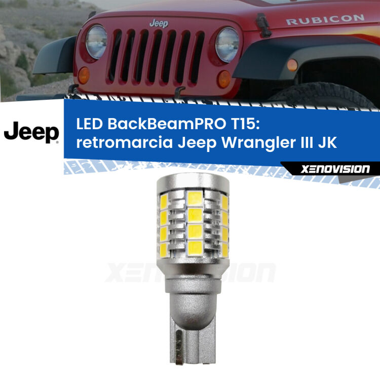 <strong>Luce retromarcia LED per Jeep Wrangler III</strong> JK 2006 - 2016. Una lampadina <b>T15</b> esageratamente spinta: 15W di potenza, 20 volte più luce delle originali.