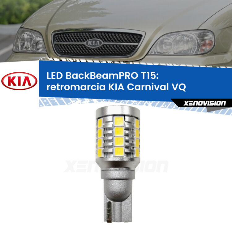 <strong>Luce retromarcia LED per KIA Carnival</strong> VQ 2005 - 2013. Una lampadina <b>T15</b> esageratamente spinta: 15W di potenza, 20 volte più luce delle originali.