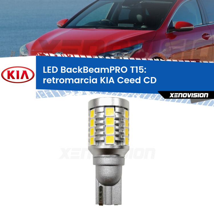 <strong>Luce retromarcia LED per KIA Ceed</strong> CD 2018 in poi. Una lampadina <b>T15</b> esageratamente spinta: 15W di potenza, 20 volte più luce delle originali.