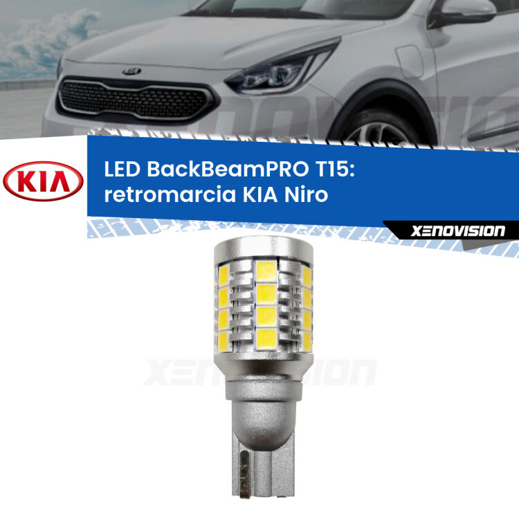 <strong>Luce retromarcia LED per KIA Niro</strong>  2016 in poi. Una lampadina <b>T15</b> esageratamente spinta: 15W di potenza, 20 volte più luce delle originali.